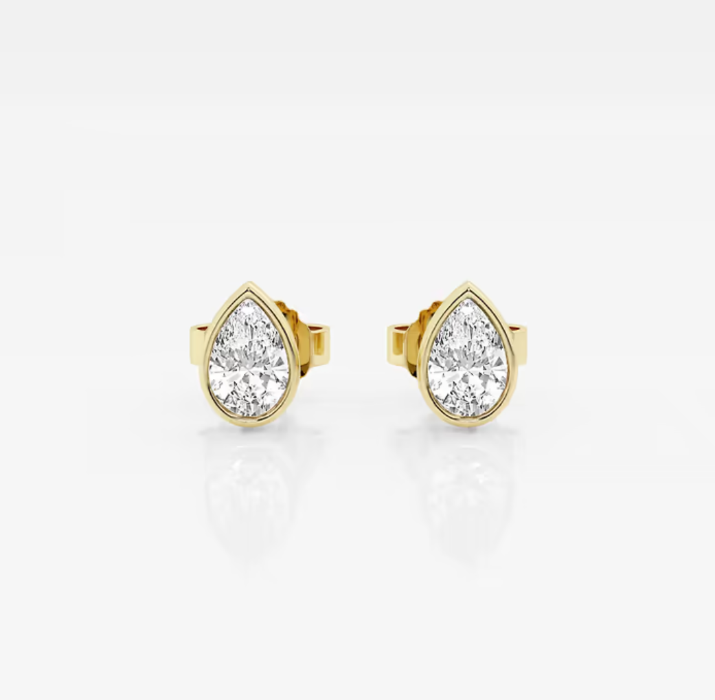 14k Yellow Gold Bezel Set Diamond Pear Stud Earrings