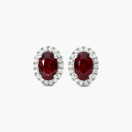 18k White Gold Oval Ruby And Diamond Halo Earrings