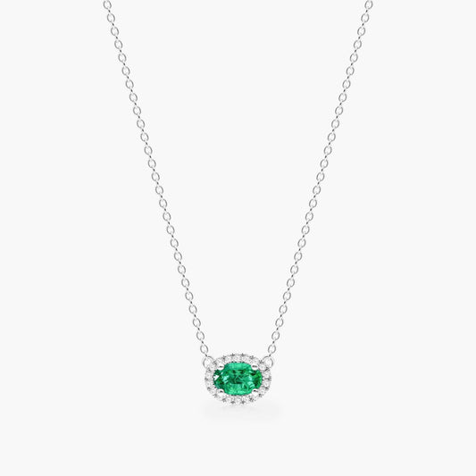 18K White Gold Oval Halo Gemstone And Diamond Necklace