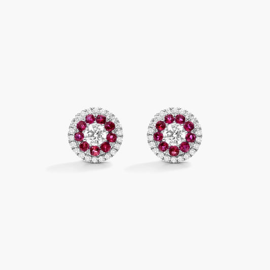 14K White Gold Double Halo Ruby And Diamond Stud Earrings