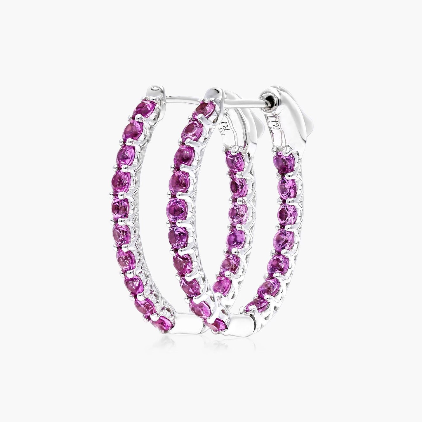 14K White Gold Pink Sapphire Inside Out Oval Hoops