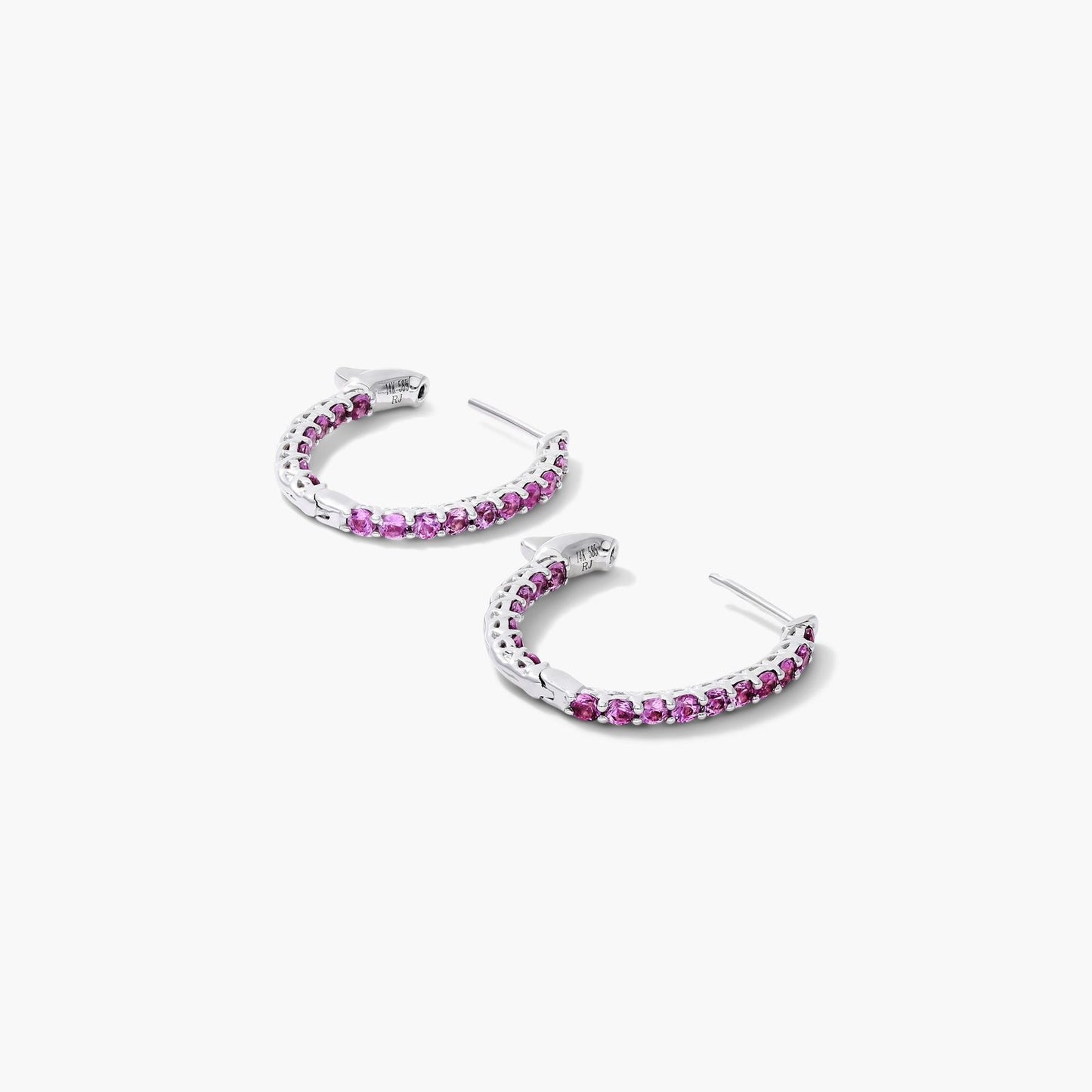 14K White Gold Pink Sapphire Inside Out Oval Hoops