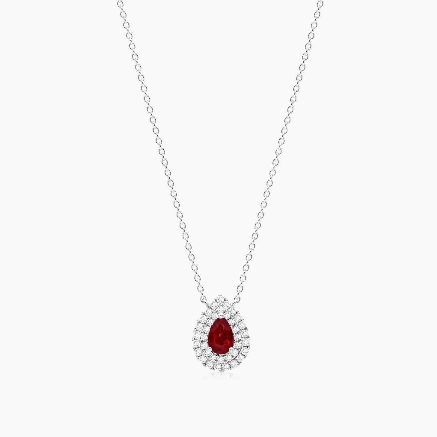 18K White Gold Pear Ruby Double Diamond Halo Necklace