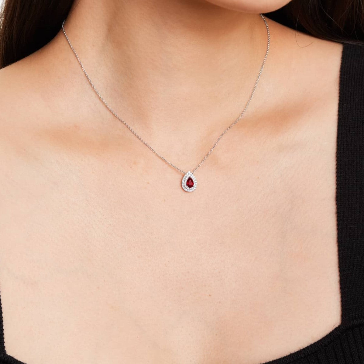 18K White Gold Pear Ruby Double Diamond Halo Necklace