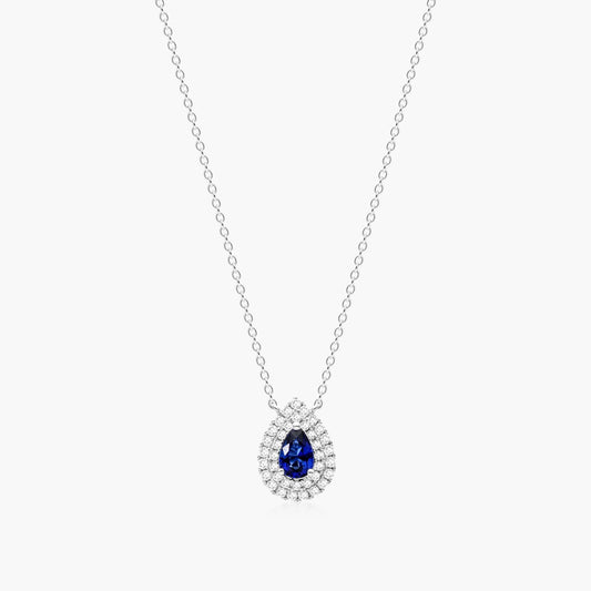 18K White Gold Pear Shape Sapphire Double Diamond Halo Necklace