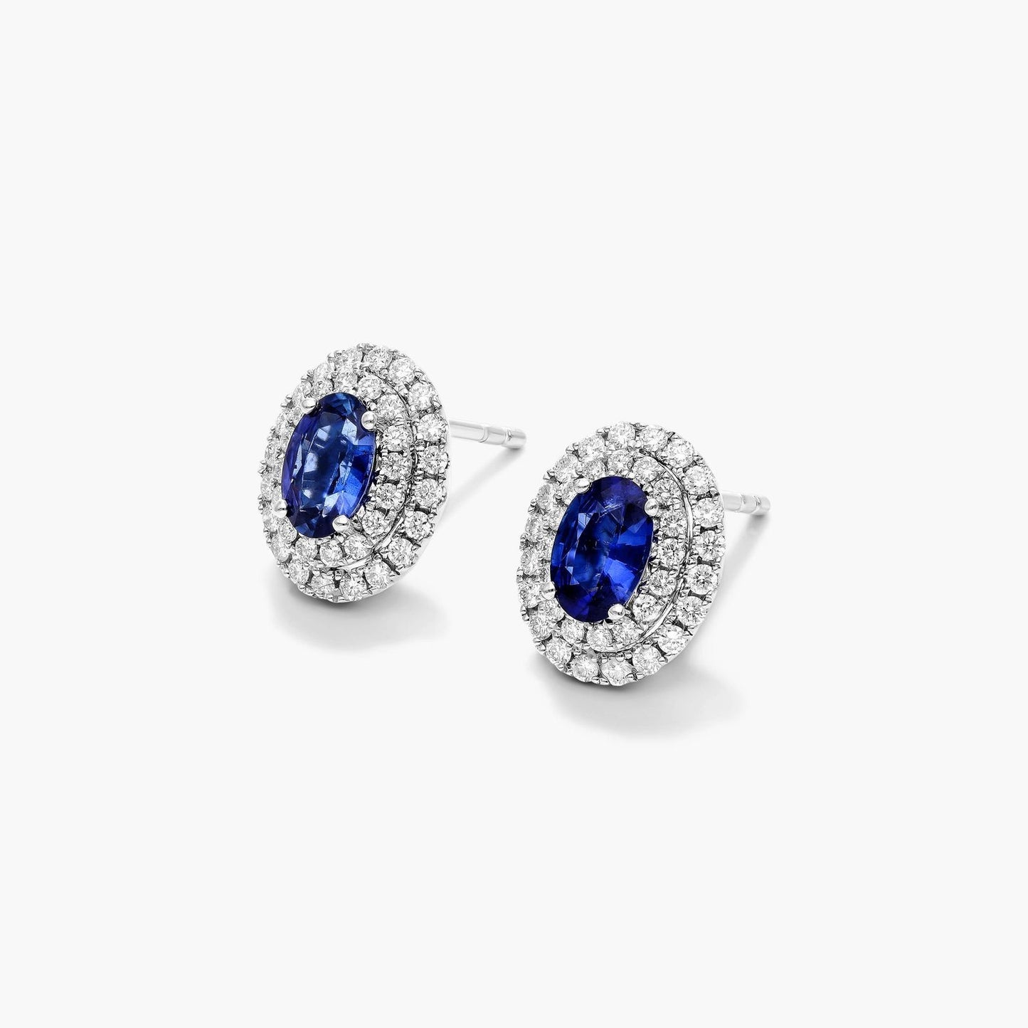 18K White Gold Double Halo Oval Sapphire And Diamond Earrings