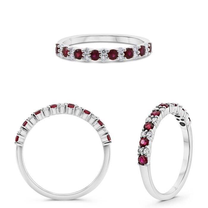 14K White Gold Alternating Ruby And Diamond Ring