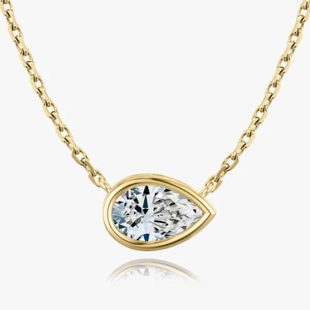14K Yellow Gold Bezel Pear Diamond Necklace