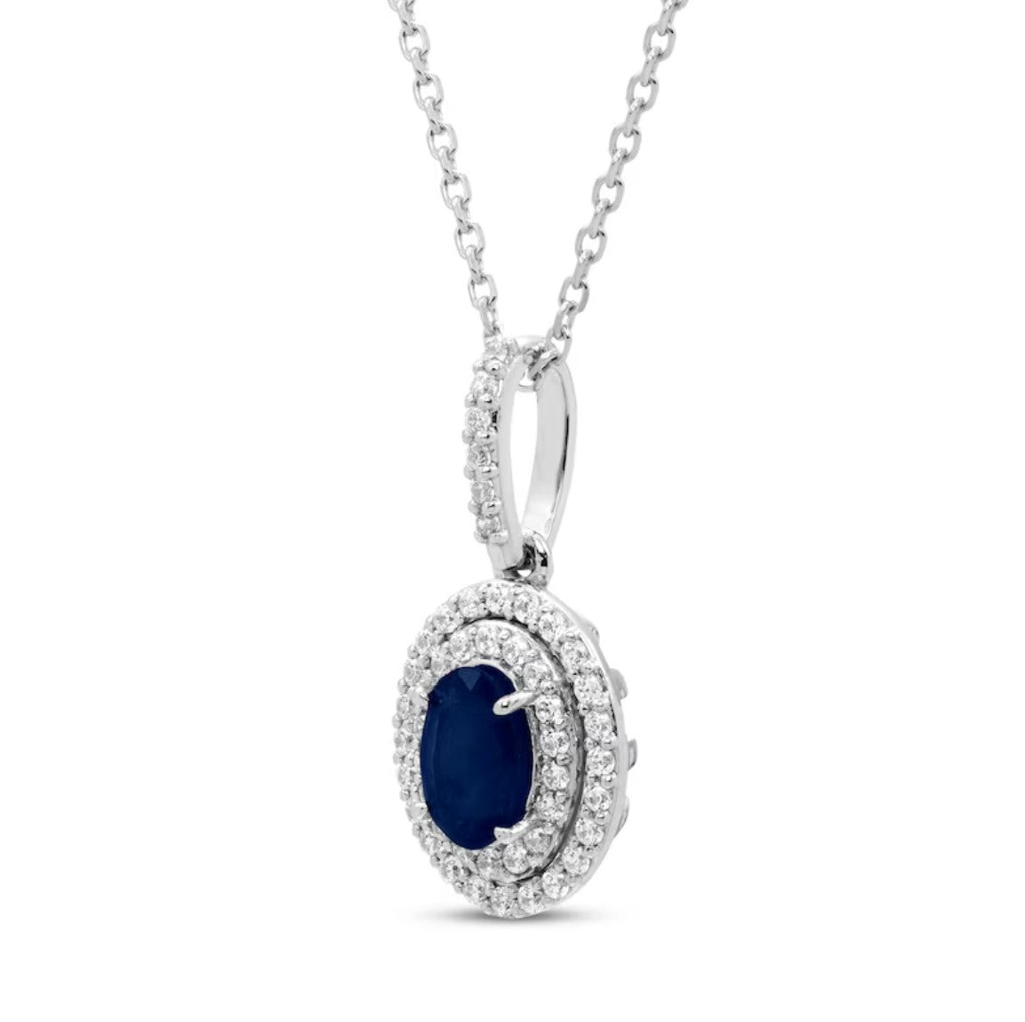 14K White Gold Double Halo Oval Sapphire And Diamond  Necklace
