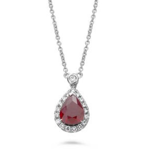 18K White Gold Pear Ruby Diamond Halo Necklace