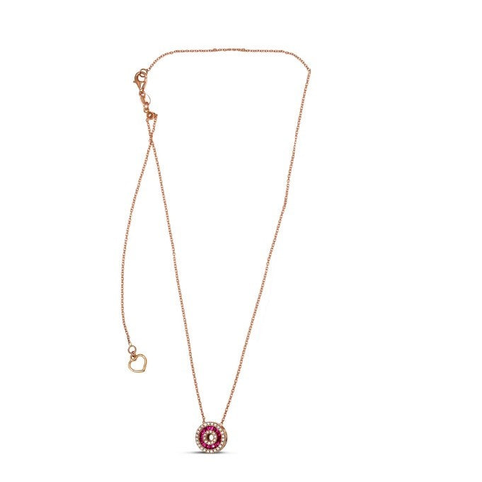14K Yellow Gold Double Halo Round Ruby And Diamond Necklace