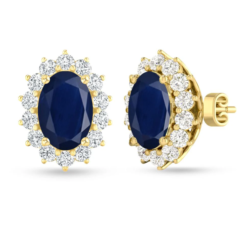 14K Yellow Gold Oval Sapphire Studs With Diamond Halo